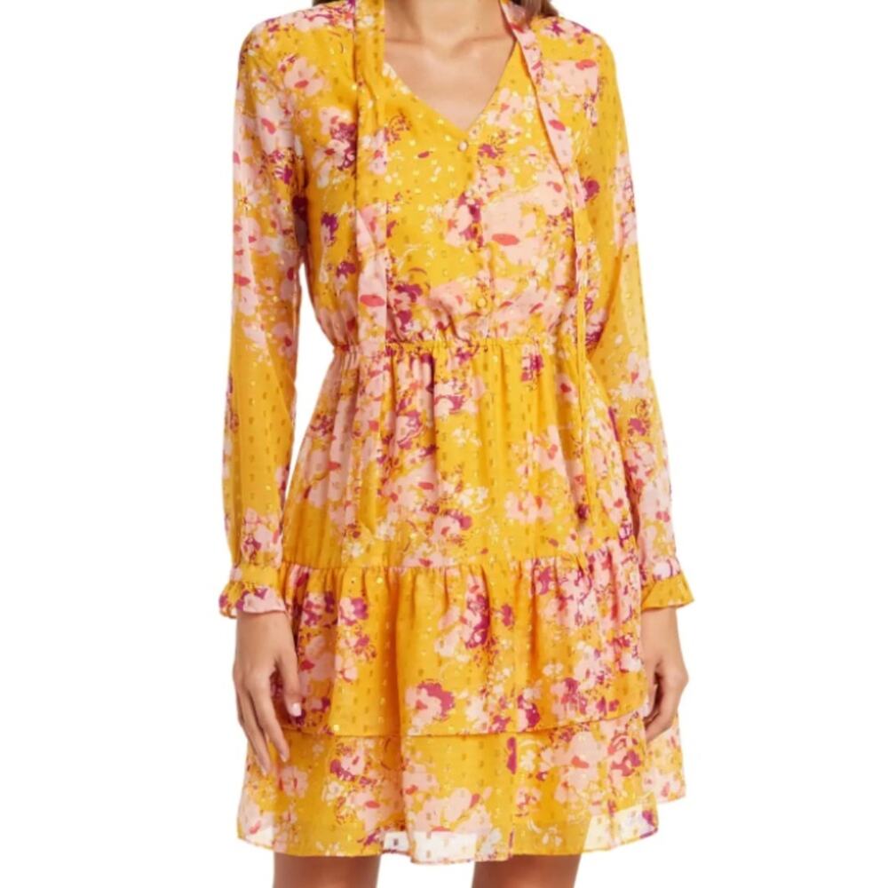 Nanette Lepore Mango Mojito Floral Clip Dot Tie Neck Ruffled Dress Size 14 NEW